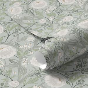 Tapet Frunze verzi delicate și flori cremoase cu frunze verzi și flori cremoase cu liane grațioase, Tapet flori, a00398 : Uwalls.ro