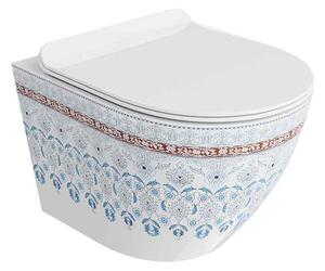 Set vas WC suspendat Spectrum, Trendi Slim, rimless, cu capac soft close, alb cu model folcloric