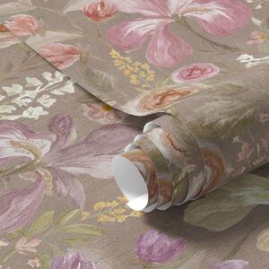 Tapet Vintage roz iris model de flori pe fundal texturat bej, Tapet flori, a00457 : Uwalls.ro