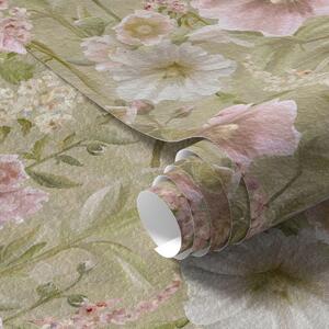 Tapet Hollyhocks roz și alb romantice pe verde mut, Tapet flori, a00456 : Uwalls.ro