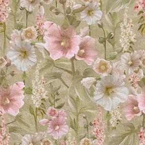 Tapet Hollyhocks roz și alb romantice pe verde mut, Tapet flori, a00456 : Uwalls.ro