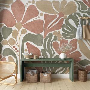 Tapet Flori abstracte în nuanțe de roșu, verde și bej, cu un fundal deschis, într-un design plat, stilizat, Fototapet Flori, w09315 : Uwalls.ro