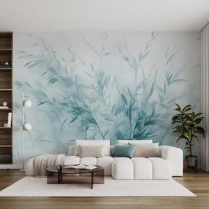 Tapet Iarbă și buruieni cu frunze și tulpini subțiri, culori albastru deschis, tușe moi și delicate, print, Fototapet Acuarelă, w09342v1 : Uwalls.ro