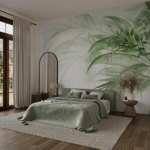 Tapet Palmier tropical frunze verzi cu un fundal cu dungi albe, iluminat moale, tușe, Fototapet Natură, Fototapet Frunze, w09343 : Uwalls.ro