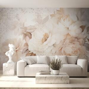 Tapet Un aranjament floral de bujori albi cu frunze bej, pe un fundal decorativ cu o textură vintage, Fototapet Flori, w09345 : Uwalls.ro