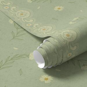 Tapet Fond verde cu margarete și margine de dantelă, Tapet flori, a00291 : Uwalls.ro