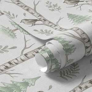 Tapet Merișor cu păsări într-o pădure verde deschis, Tapet natura, a00316 : Uwalls.ro