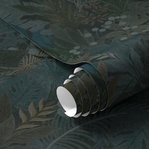 Tapet Frunziș tropical verde închis cu accente albastre, Tapet flori, a00327 : Uwalls.ro