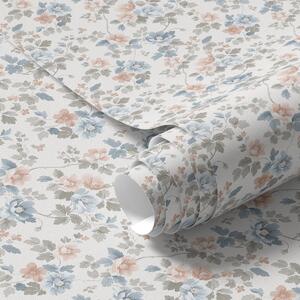 Tapet Ornament floral mic în tonuri de albastru și coral, Tapet flori, a00347 : Uwalls.ro