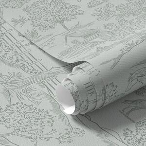 Tapet Peisaj verde monocrom cu cai și căsuțe, Tapet natura, a00407 : Uwalls.ro