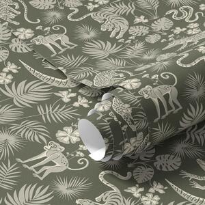 Tapet Siluete de animale sălbatice printre frunze tropicale, Tapet flori, a00404 : Uwalls.ro