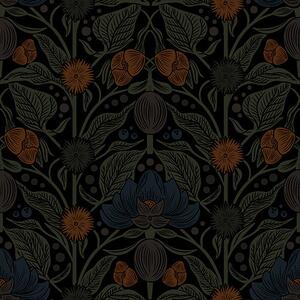 Tapet Ornament floral închis cu accente portocalii, Tapet flori, a00411 : Uwalls.ro