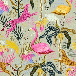 Tapet Flamingo luminoase și leoparzi printre plante tropicale, Tapet natura, a00470 : Uwalls.ro