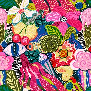 Tapet Pop-art abstract cu flori, fructe de pădure și modele, Tapet abstract, a00471 : Uwalls.ro