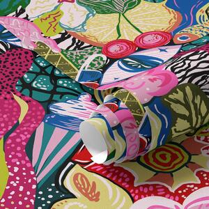 Tapet Pop-art abstract cu flori, fructe de pădure și modele, Tapet abstract, a00471 : Uwalls.ro