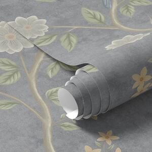 Tapet Păsări pe ramuri printre flori pe un fundal gri, Tapet flori, a00483 : Uwalls.ro