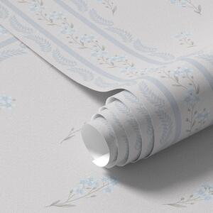 Tapet Fundal alb cu flori albastre și dungă decorativă, Tapet flori, a00484v1 : Uwalls.ro