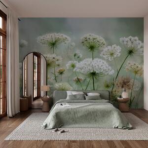 Tapet flori sălbatice albe delicate Regina Anne, într-un stil pitoresc, tonuri verzi, Fototapet Acuarelă, w04313 : Uwalls.ro