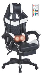 Scaun gaming, sistem iluminare bandă LED RGB, masaj în perna lombară, suport picioare, Negru/Alb