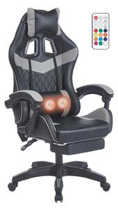 Scaun gaming, sistem iluminare bandă LED RGB, masaj în perna lombară, suport picioare, Negru/Gri