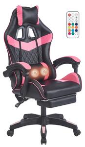 Scaun gaming, sistem iluminare bandă LED RGB, masaj în perna lombară, suport picioare, Negru/Roz
