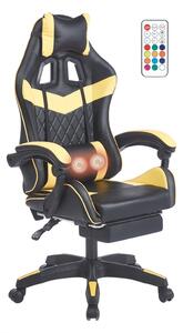 Scaun gaming, sistem iluminare bandă LED RGB, masaj în perna lombară, suport picioare, Negru/Galben
