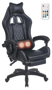 Scaun gaming, sistem iluminare bandă LED RGB, masaj în perna lombară, suport picioare, Negru