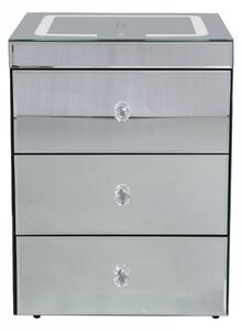 Noptieră inteligentă multifuncțională, din sticla tip oglindă, 3 sertare, LED-uri tactile, 3 tipuri de culoare, încărcare fără fir si USB, Difuzor Bluetooth, sticla securizata, 40x40x60 cm