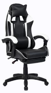 Scaun gaming, masaj în perna lombară, suport picioare, PU, Negru/Alb