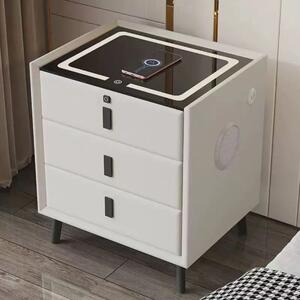 Noptieră inteligentă multifuncțională, 3 sertare, blocare cu amprentă, LED-uri tactile, 3 tipuri de culoare, încărcare fără fir, Difuzor Bluetooth, incarcare USB, sticla securizata, Alb