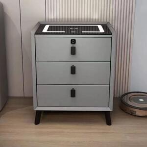 Noptieră inteligentă multifuncțională, 3 sertare, blocare cu amprentă, LED-uri tactile, 3 tipuri de culoare, încărcare fără fir, Difuzor Bluetooth, incarcare USB, sticla securizata, Gri