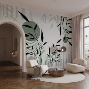 Tapet Imprimare abstractă texturată cu forme geometrice, cercuri și arcuri și plante negre și verzi pe un, Fototapet Geometrie, w09384 : Uwalls.ro