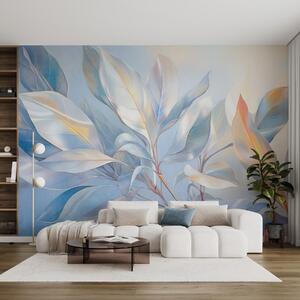 Tapet Frunze de magnolie cu tonuri de alb și albastru, iluminare blândă, compoziție elegantă, nervuri, Fototapet Acuarelă, w09385 : Uwalls.ro