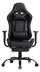 Scaun gaming, ergonomic, suport lombar cu masaj, spătar rabatabil 90-150°, suport pentru picioare, rezistent 150 kg, piele PU, Negru