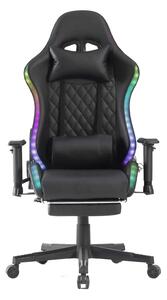 Scaun gaming cu sistem iluminare bandă LED RGB, cotiere 2D, Suport picioare, funcție sezlong, Negru