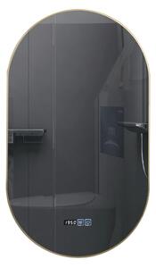 Oglinda baie, Multifuncțională, Iluminare LED 3 culori, Ceas încorporat, Sistem Dezaburire, Rama Auriu, 50x80 cm