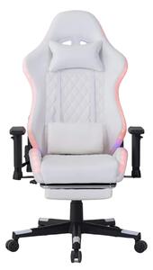 Scaun gaming cu sistem iluminare bandă LED RGB, cotiere 2D, Suport picioare, funcție sezlong, Alb