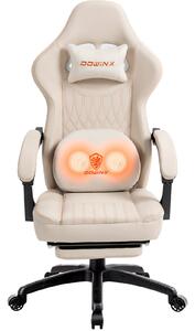 DOWINX Scaun gaming, ergonomic, Masaj cu Role in perna lombara, Șezut cu Arcuri Metalice și Spumă, Spătar înalt, rabatabil 90°-135°, Suport picioare, rezistent 150 kg, piele PU respirabila, Ivory