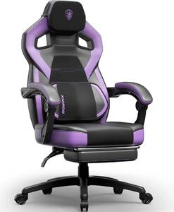 DOWINX Scaun gaming, ergonomic, suport lombar cu masaj, Șezut cu Arcuri Metalice și Spumă, Spătar înalt, rabatabil 90°-135°, Suport picioare, rezistent 150 kg, material PU respirabil, Violet/Negru