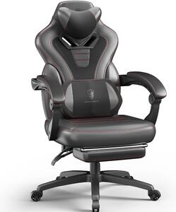 DOWINX Scaun gaming, ergonomic, suport lombar cu masaj, Șezut cu Arcuri Metalice și Spumă, Spătar înalt, rabatabil 90°-145°, Buzunar depozitare, Suport picioare, rezistent 150 kg, material PU respirabil, Negru/Gri