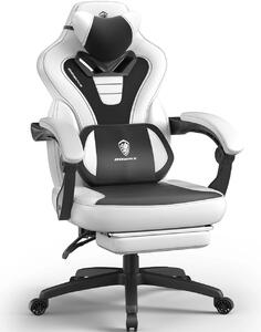 DOWINX Scaun gaming, ergonomic, suport lombar cu masaj, Șezut cu Arcuri Metalice și Spumă, Spătar înalt, rabatabil 90°-145°, Buzunar depozitare, Suport picioare, rezistent 150 kg, material PU respirabil, Alb/Negru