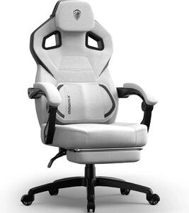 DOWINX Scaun gaming, ergonomic, suport lombar cu masaj, Șezut cu Arcuri Metalice și Spumă, Spătar înalt, rabatabil 90°-135°, Suport picioare, rezistent 150 kg, material textil respirabil, Alb/Gri