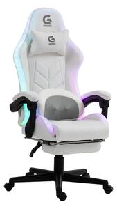 Scaun gaming, Masaj cu Role in perna lombara, Boxe bluetooth, sistem iluminare bandă LED RGB, suport picioare, Alb