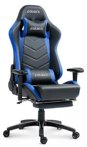 DOWINX Scaun gaming, ergonomic, suport lombar cu masaj, spătar rabatabil 90-180°, cotiere reglabile, suport pentru picioare, rezistent 150 kg, piele PU, Negru/Albastru