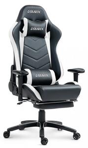 DOWINX Scaun gaming, ergonomic, suport lombar cu masaj, spătar rabatabil 90-180°, cotiere reglabile, suport pentru picioare, rezistent 150 kg, piele PU, Negru/Alb