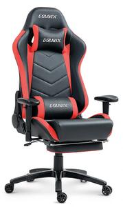 DOWINX Scaun gaming, ergonomic, suport lombar cu masaj, spătar rabatabil 90-180°, cotiere reglabile, suport pentru picioare, rezistent 150 kg, piele PU, Negru/Rosu