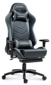 DOWINX Scaun gaming, ergonomic, suport lombar cu masaj, spătar rabatabil 90-180°, cotiere reglabile, suport pentru picioare, rezistent 150 kg, piele PU, Negru/Gri