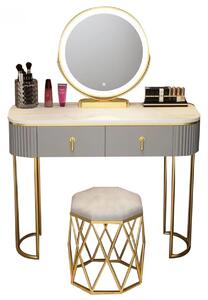 Set Lisa, Masă de toaletă pentru machiaj cu oglindă iluminată LED, control touch, sertar, taburet tapitat, Gri, 100x40x75 cm