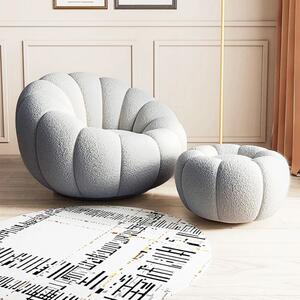 Set canapea tip fotoliu, cu un singur loc, taburet inclus, material tip boucle, rotativ, Gri deschis