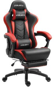 DOWINX Scaun gaming, ergonomic, suport lombar cu masaj, spătar rabatabil, tetieră, suport pentru picioare, rezistent 150 kg, piele PU, Negru/Rosu